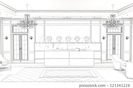 hall, hotel lobby, interior visualization, 3D illustration hall, hotel lobby, interior visualization, 3D illustration 121341228
