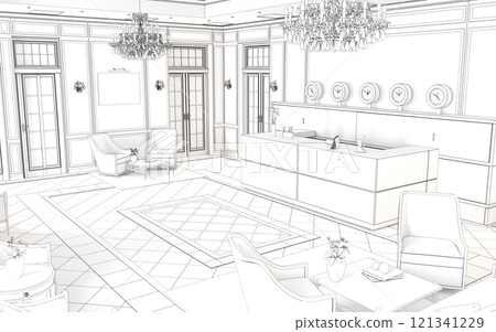 hall, hotel lobby, interior visualization, 3D illustration hall, hotel lobby, interior visualization, 3D illustration 121341229