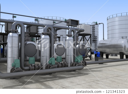 oil refinery, chemical production, waste processing plant, exterior visualization, 3D illustration, cg 121341323