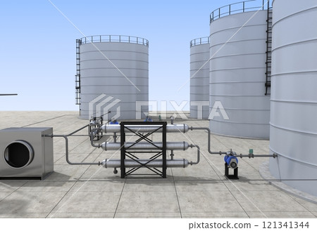 oil refinery, chemical production, waste processing plant, exterior visualization, 3D illustration, cg 121341344