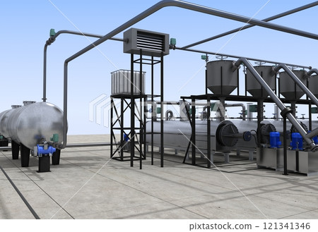oil refinery, chemical production, waste processing plant, exterior visualization, 3D illustration, cg 121341346
