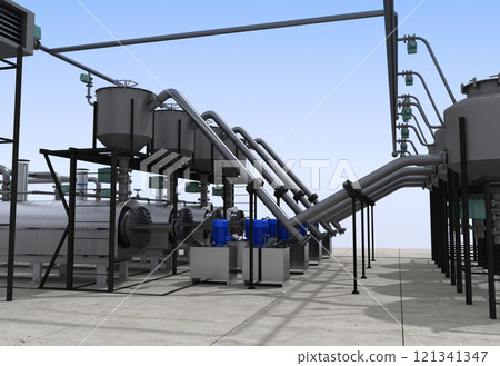 oil refinery, chemical production, waste processing plant, exterior visualization, 3D illustration, cg oil refinery, chemical production, waste processing plant, exterior visualization, 3D illustration, cg 121341347