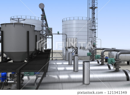 oil refinery, chemical production, waste processing plant, exterior visualization, 3D illustration, cg 121341349