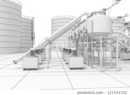 oil refinery, chemical production, waste processing plant, exterior visualization, 3D illustration, cg 121341352