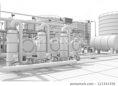 oil refinery, chemical production, waste processing plant, exterior visualization, 3D illustration, cg 121341356