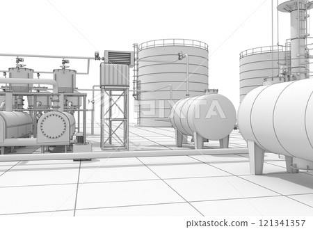 oil refinery, chemical production, waste processing plant, exterior visualization, 3D illustration, cg 121341357