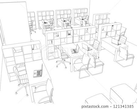 office contour visualization, 3D illustration, sketch, outline 121341385