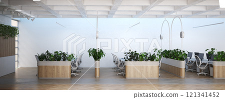 Sleek, modern office space with natural light and greenery. 121341452