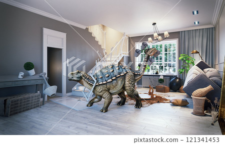 A dinosaur causing chaos in a modern living room, 121341453