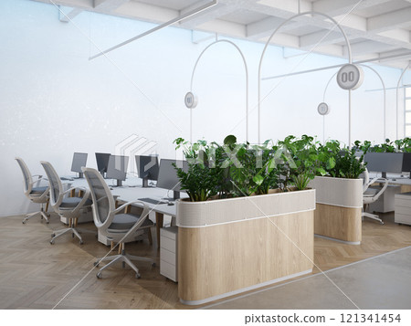 Sleek, modern office space with natural light and greenery. 121341454