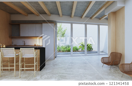 A contemporary, open kitchen 121341458