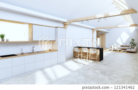 A contemporary, open kitchen 121341462