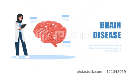 Brain disease concept. Islamic Woman in medical uniform examine huge organ. Neurological therapy. Vector illustration in flat cartoon style Brain disease concept. Islamic Woman in medical uniform examine huge organ. Neurological therapy. Vector illustration in flat cartoon style 121342059
