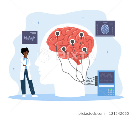 Neurologist concept. African Woman in medical uniform examine human brain. Electroencephalography. Brain Connected to Display with EEG Indication. Vector illustration in flat cartoon style 121342060