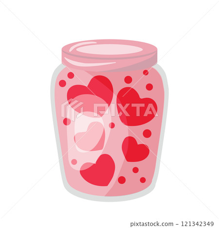 colorful glass pink jar filled with red hearts, hand drawn. 121342349