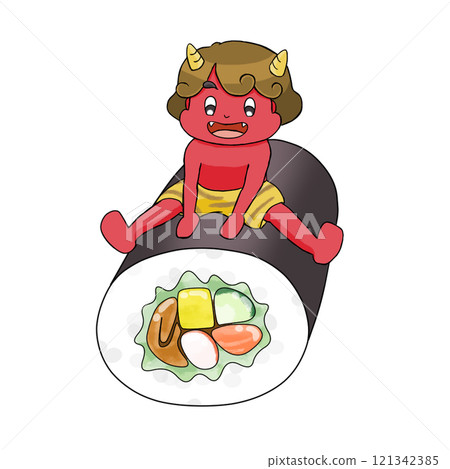 Illustration of a demon riding on a Setsubun ehomaki on a white background Illustration of a demon riding on a Setsubun ehomaki on a white background 121342385