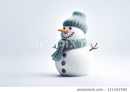 Snowman isolated on white background. Blue scarf and hat. Generated AI Snowman isolated on white background. Blue scarf and hat. Generated AI 121342590