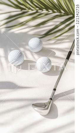 Golf balls and club on sunny textured surface with palm shadows, background 121342716