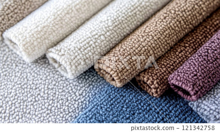 Chenille Fabric samples in various neutral colors close up arranged, texture detail, interior design palette background 121342758