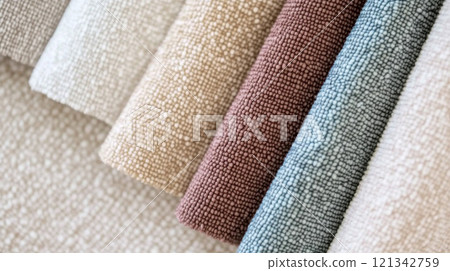 Chenille Fabric samples in various neutral colors close up arranged, texture detail, interior design palette background 121342759