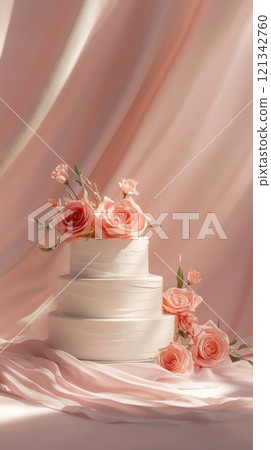 Wedding cake with beautiful flowers on solid pastel color background, copy space 121342760