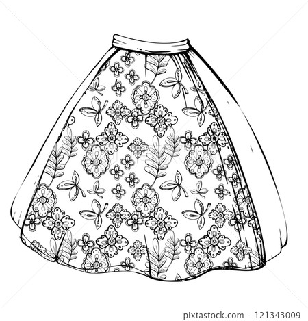 Traditional dress skirt apron of Tyrol, Alps South American peasant female fashion, floral pattern embroidery. Hand drawn ink vector illustration isolated on white. Design travel, vacation, brochure Traditional dress skirt apron of Tyrol, Alps South American peasant female fashion, floral pattern embroidery. Hand drawn ink vector illustration isolated on white. Design travel, vacation, brochure 121343009
