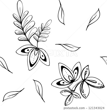 Floral lace traditional embroidery, exotic rose orchid flowers and leaves, folk ethnic stylized. Hand drawn ink vector isolated illustration. Seamless pattern. Design wallpaper, scrapbooking, wedding 121343024