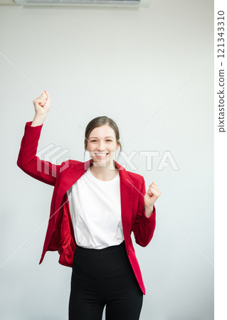 Young fun successful employee business woman corporate wear work area mock up isolated on plain white background Young fun successful employee business woman corporate wear work area mock up isolated on plain white background 121343310