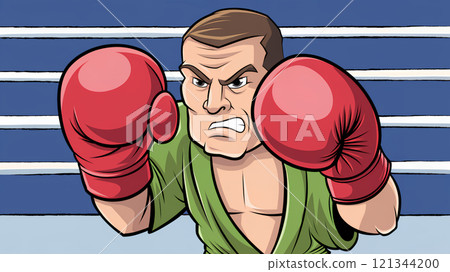 Cartoon illustration of a boxer in the ring. Athlete wearing boxing gloves and looking angry. 121344200
