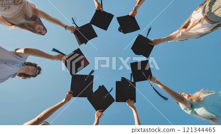 Group of students celebrating their graduation by throwing their graduation caps in the air against a blue sky 121344465