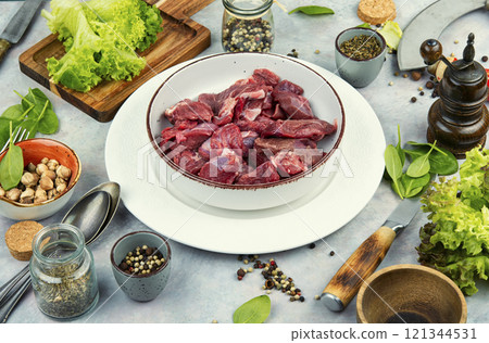 Raw deer meat, raw meat. 121344531