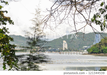 boat , ship , sea and beach or sea background or beach background and mountain in Phuket 121344539