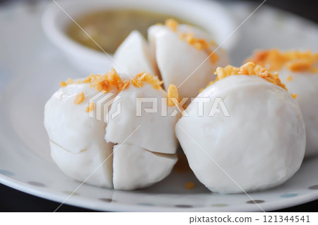 fish balls with fried garlic ,fishballs fish balls with fried garlic ,fishballs 121344541