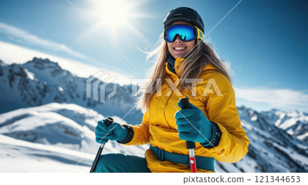 A young woman skier winter ladscape 121344653