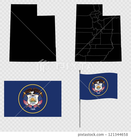 Set of map and map with province, flag and flagpole of Utah state. Vector illustration. 121344658