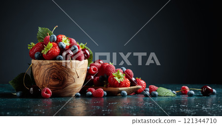 Berries closeup colorful assorted mix on dark blue background. Berries closeup colorful assorted mix on dark blue background. 121344710