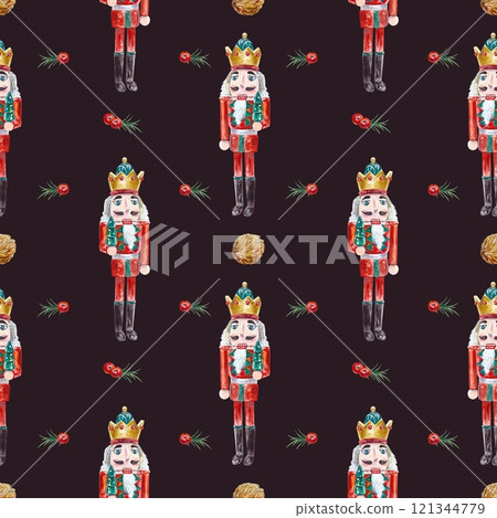 Nutcracker, walnut, berries, seamless pattern. Hand drawn watercolor illustration on dark background. Wrapping paper, fabric, wallpaper, covers. 121344779