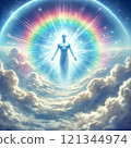 People heading towards the rainbow-shining moon, clouds and planets 121344974