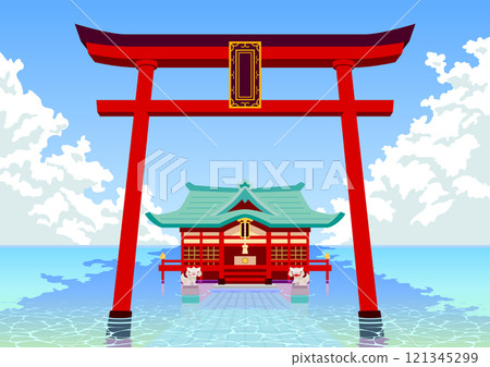 藍天下安靜的湖面上矗立著一座神社和一條大街道 藍天下安靜的湖面上矗立著一座神社和一條大街道 121345299