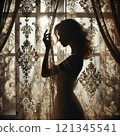 A half-Japanese woman sitting on a chair in an antique room 121345541