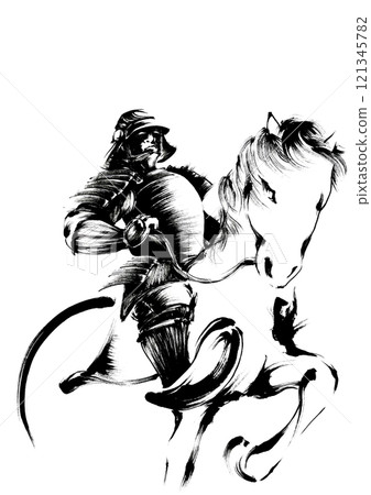 Illustration of a Samurai on horseback 121345782