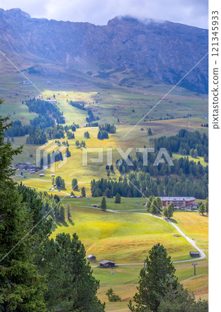 Alpe di Siusi, Italy aerial panorama, Dolomites Alpe di Siusi, Italy aerial panorama, Dolomites 121345933
