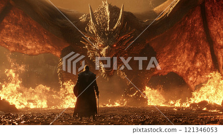 A brave warrior facing a dragon 121346053