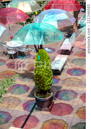 Photographing colorful umbrellas hanging in a shopping center in Kusatsu City, Shiga Prefecture 121346085