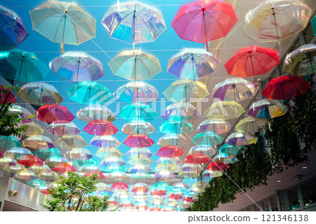 Photographing colorful umbrellas hanging in a shopping center in Kusatsu City, Shiga Prefecture Photographing colorful umbrellas hanging in a shopping center in Kusatsu City, Shiga Prefecture 121346138