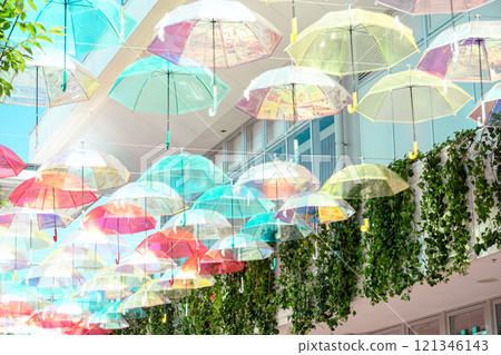 Photographing colorful umbrellas hanging in a shopping center in Kusatsu City, Shiga Prefecture Photographing colorful umbrellas hanging in a shopping center in Kusatsu City, Shiga Prefecture 121346143