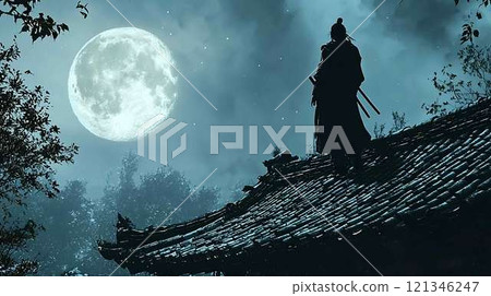 武士用劍與滿月夜的剪影 武士用劍與滿月夜的剪影 121346247