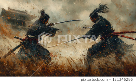 Two samurai dueling, the decisive moment of the battle 121346296