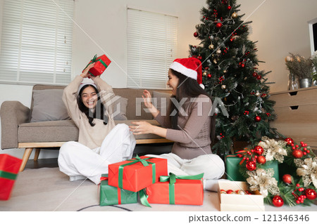 Happy Young Female Couple Celebrating Christmas Eve with Gifts and Joyful Moments by the Christmas Tree Happy Young Female Couple Celebrating Christmas Eve with Gifts and Joyful Moments by the Christmas Tree 121346346