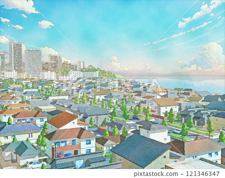 Background with sea, city, house, residential, town, hand-drawn style, BG, watercolor painting Background with sea, city, house, residential, town, hand-drawn style, BG, watercolor painting 121346347